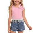 thumbnail image 2 of Zpanxa Girl Outfits Sets Girls Big Bow Sleeveless Crop Top and Floral Denim Shorts Set 2 Piece Outfit, 2 of 9