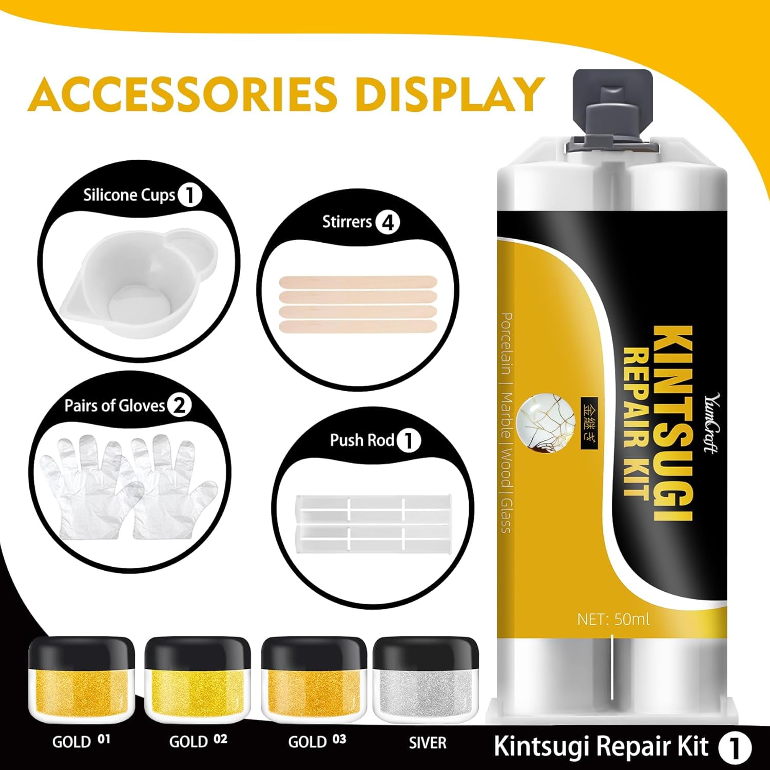 Kintsugi Repair Kit Gold & Silver, 50ml Food Safe Ceramic Glue, Japanese Art Craft Kintsugi Glue for Broken Pottery, Porcelain, Glass, Jade, Bowls, Beginner-Friendly for Restoring Meaningful Gifts
