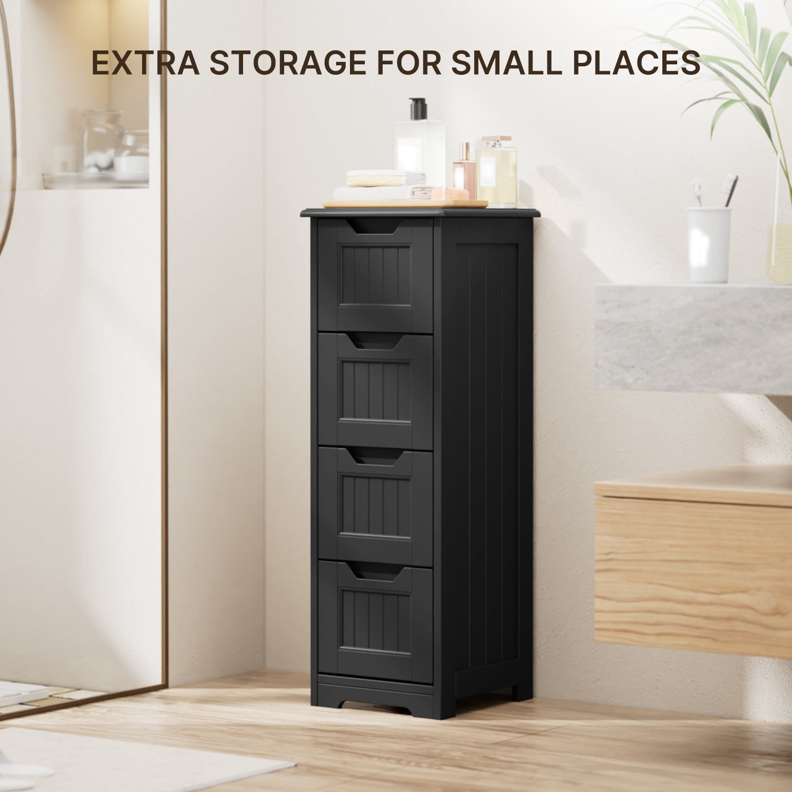 Storage Cabinet, Small Free Standing Narrow Cabinet with 4 Drawers for Living Room, Bedroom, Bathroom,Black