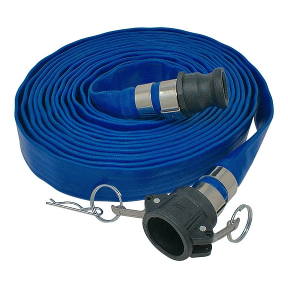 Gloxco 1" x 25′ Blue Lay Flat PVC Discharge Hose Assembly with Poly Cam and Groove C and E Fittings