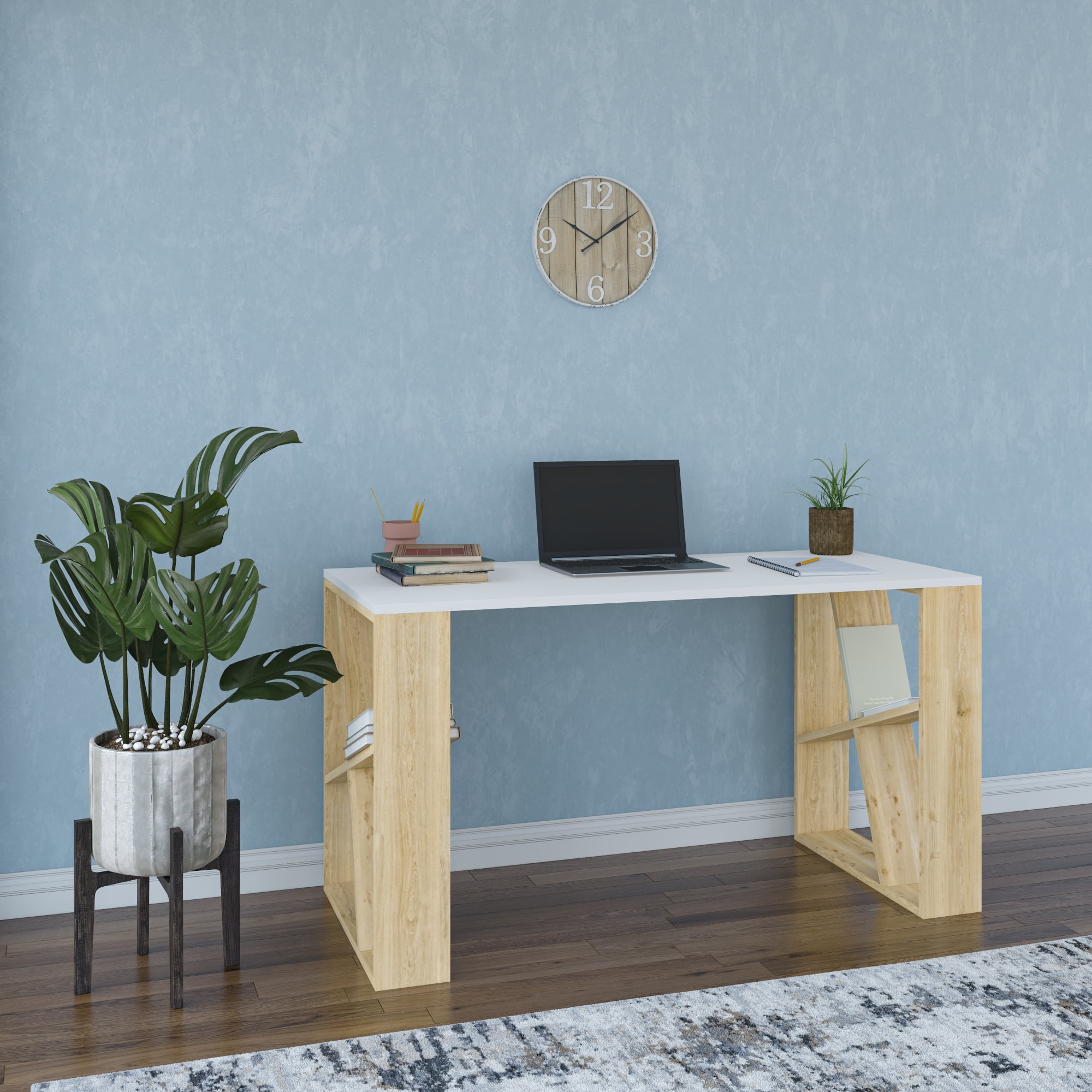 Ada Home Decor Minimalist Home Office Computer Desk Workstation with 2 Shelves 8-Cube Bookcase, White/Oak