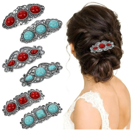 6 Pieces Vintage Red Green Artificial Turquoise French Hair Barrettes Snap Hair Clips Accessories for Women Girls