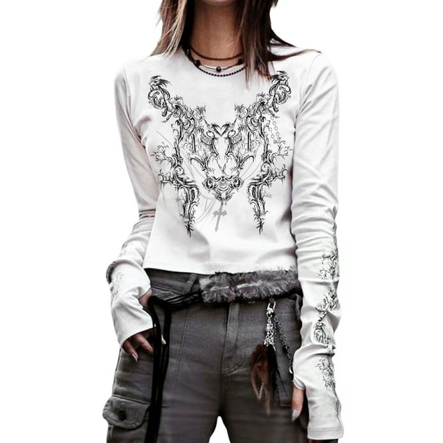 Faithtur T-Shirt Décontracté pour Femmes Col Rond Manches Longues Motif Totem Vintage Imprimé Tops Bas Tee Outwear