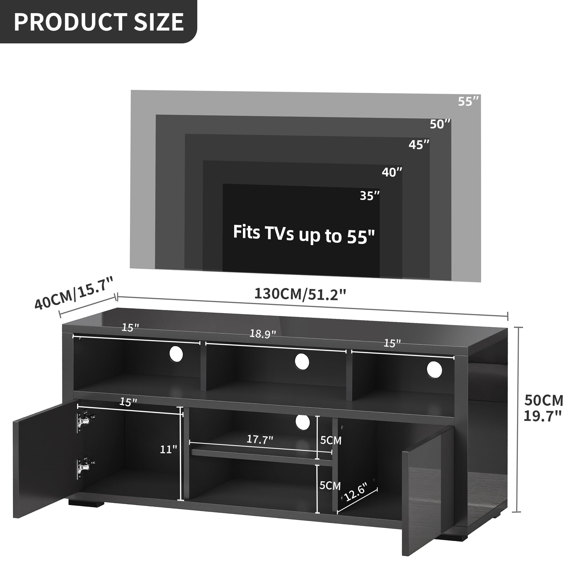 Dextrus High Gloss TV Stand with LED Ambient Lights, Modern TV Stand with Open Shelf Storage Cabinet for 55 inch TV, Black