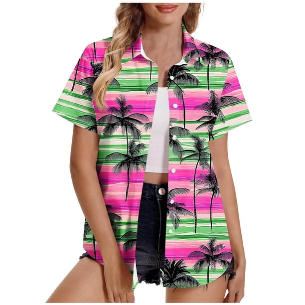 Pantalones Cortos para las Mujeres Sexy, Blusas de Estilo Hawaiano Impreso, Botón Arriba Cuello Turndown Superior
