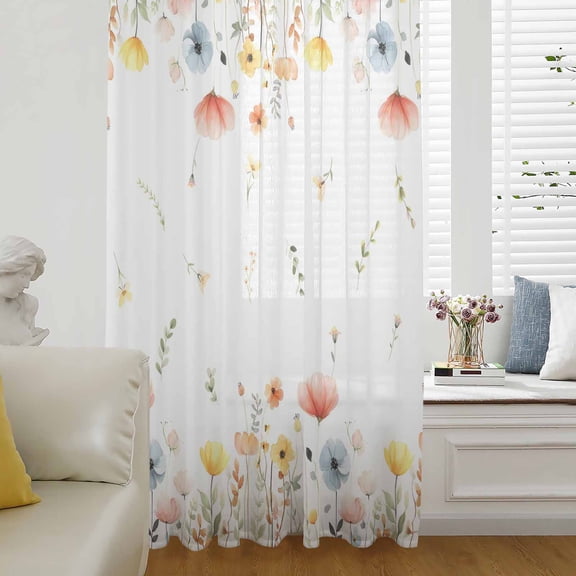 Watercolor Wildflowers Sheer Curtains 84 Inches Long for Living Room/Bedroom, Farmhouse Botanical Floral Herbs Rod Pocket Voile Kitchen Curtains & Drapes Window Treatment 1 Panel, 52"W x 84"L