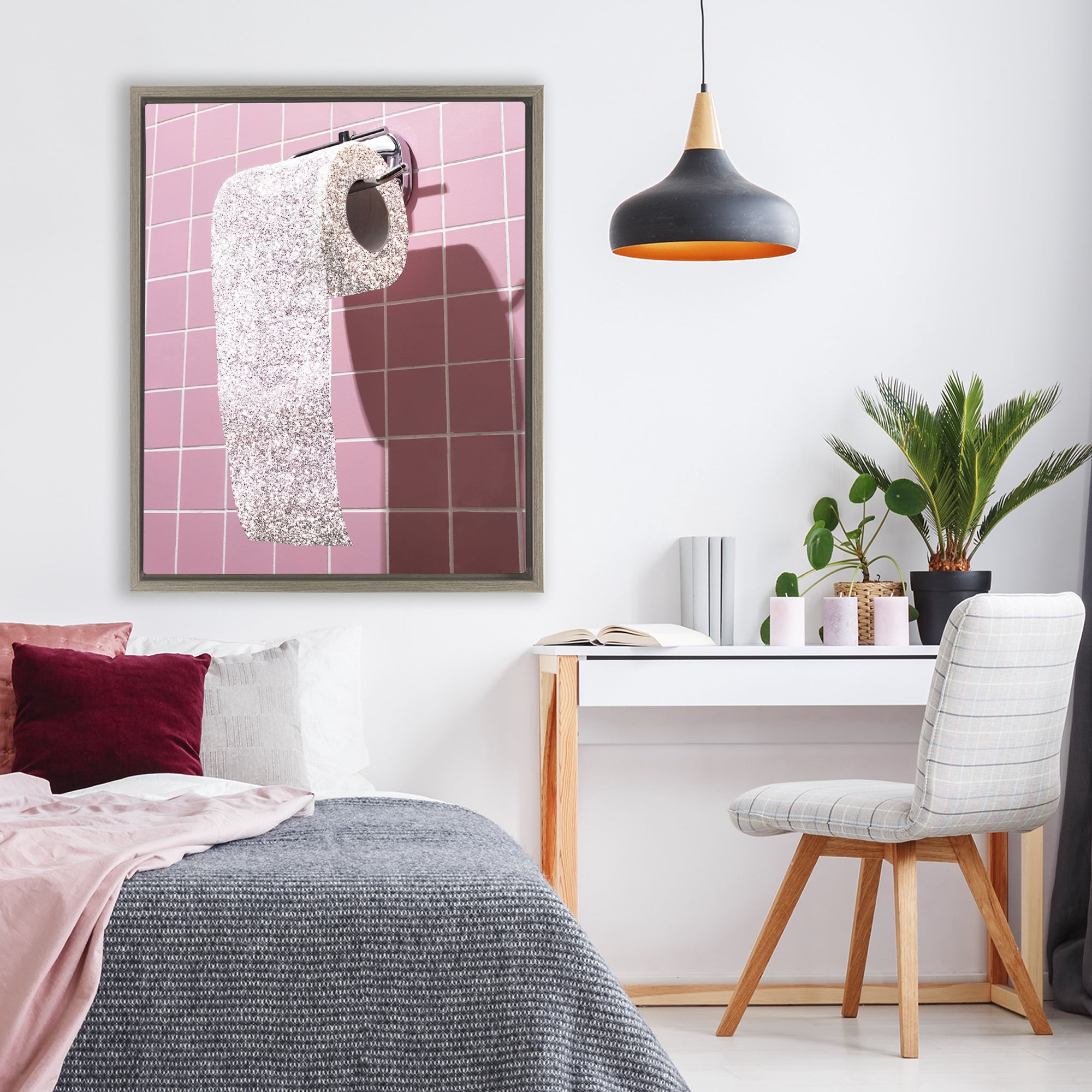 Stupell Industries Glitter Pink Toilet Paper Brown Framed Floater Canvas Wall Art, design by CAD Designs