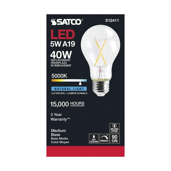SATCO S12411 A19 LED Bulbs 5W 120V 5000K E26 Medium Base  Dimmable (6 Pack)