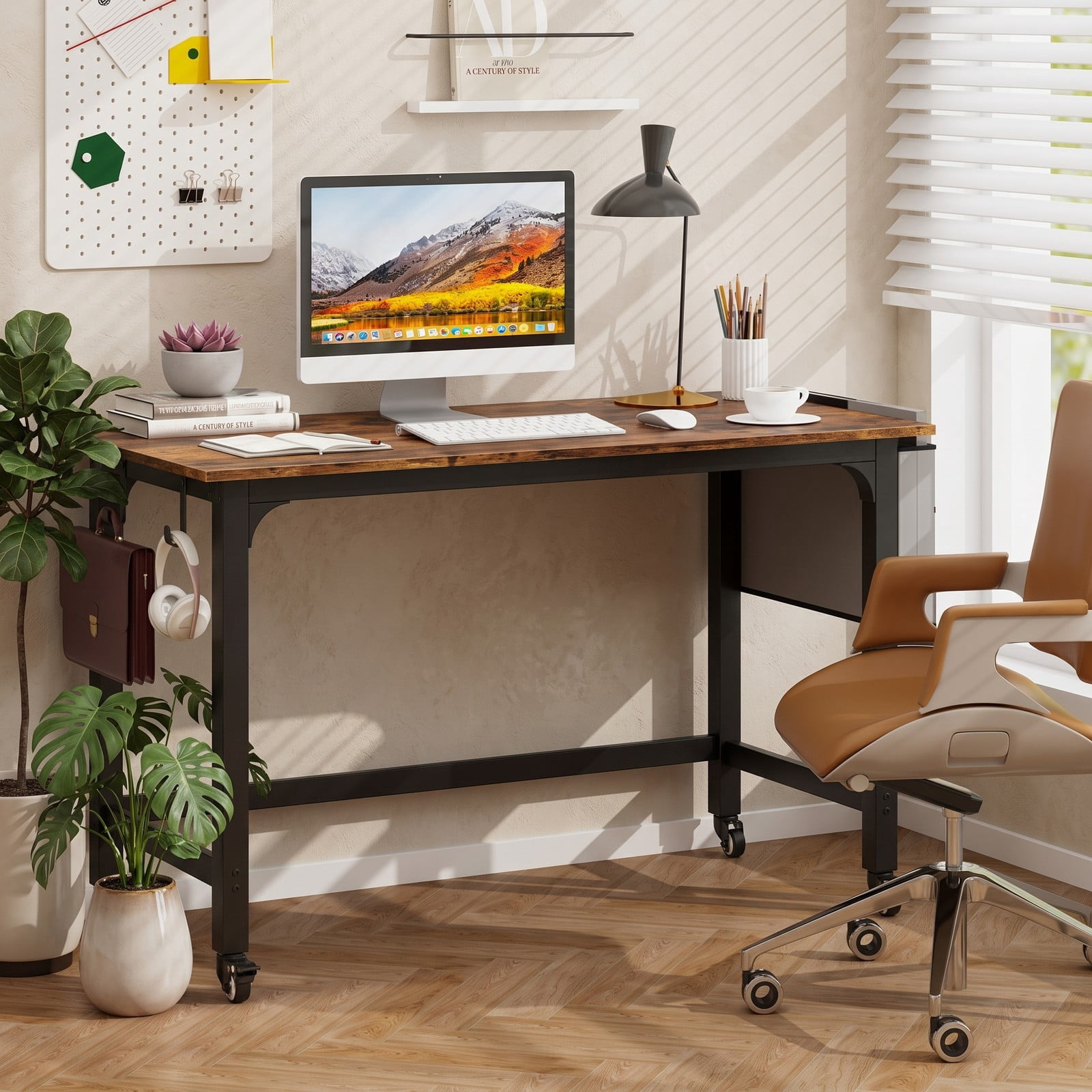Furnibear Rolling Computer Desk Home Office Desk with Detachable Fabric Bag and Wheels, Mobile Writing Desk with Metal Frame, Rustic Brown