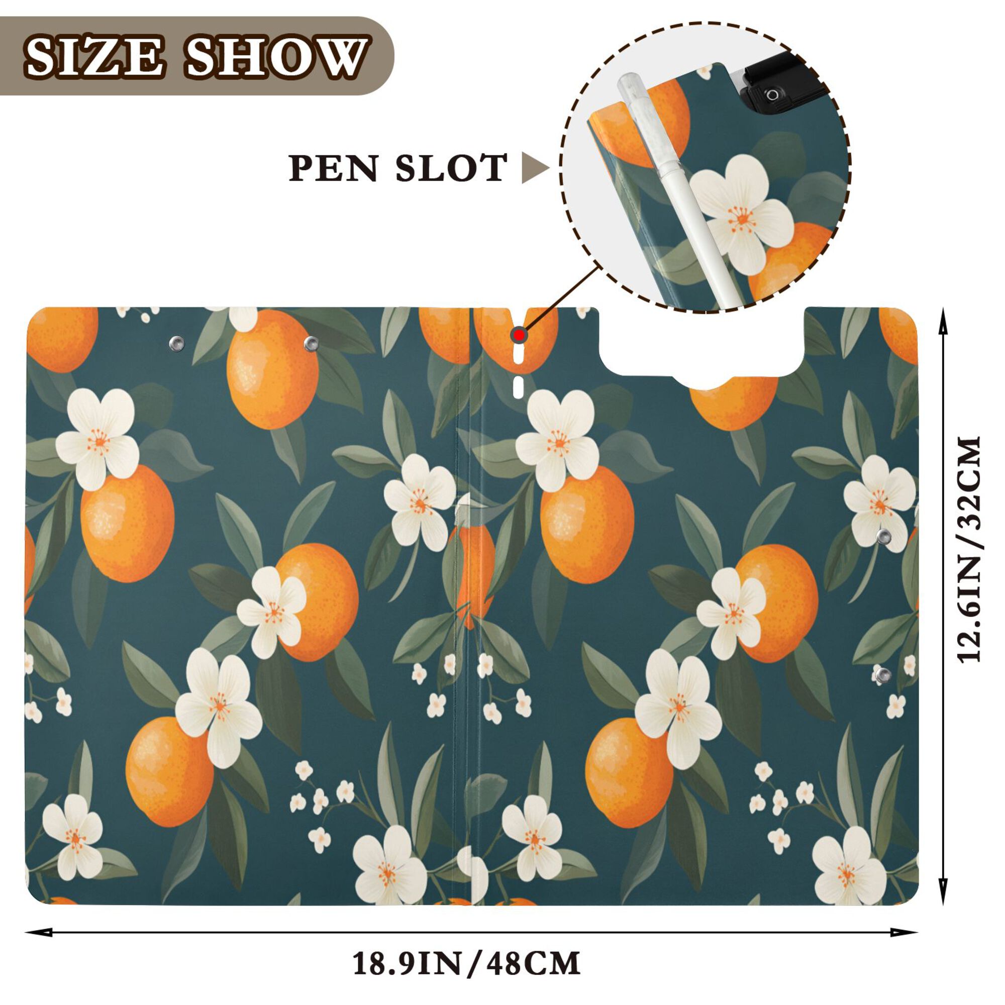FORMRS A4 Clipboard Folder with Pen Holder Horizontal Foldable School Office Binder, Floral Oranges