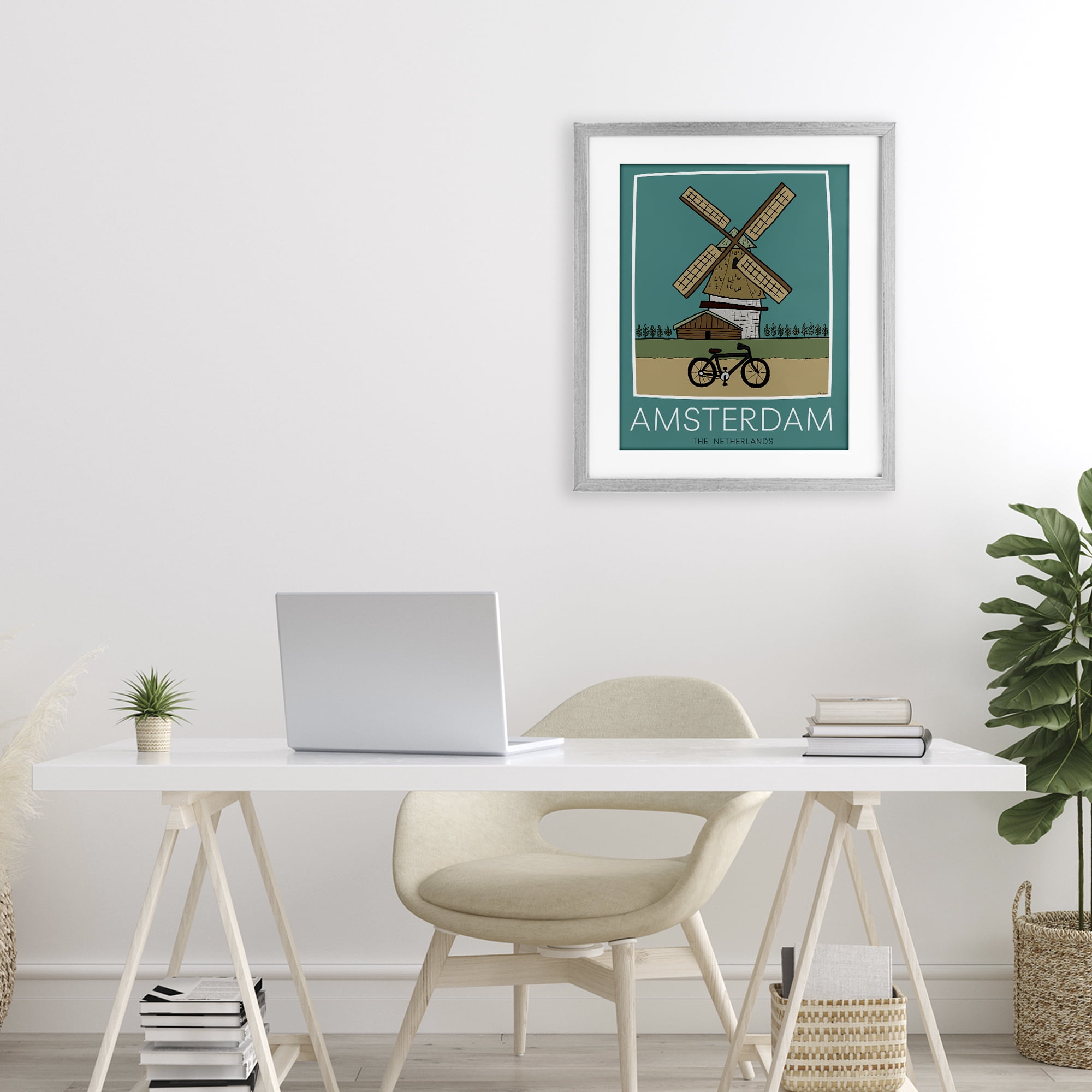 Stupell Industries Amsterdam Windmill Poster Gray Framed Print Under Glass, design by Hugo Edwins
