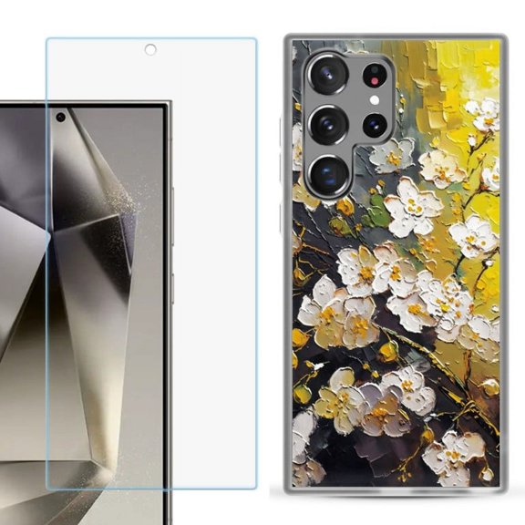 OneToughShield ® Compatible with Samsung Galaxy S24 Ultra, Shockproof Phone Case, with Tempered Glass Screen Protector - Plum Flower