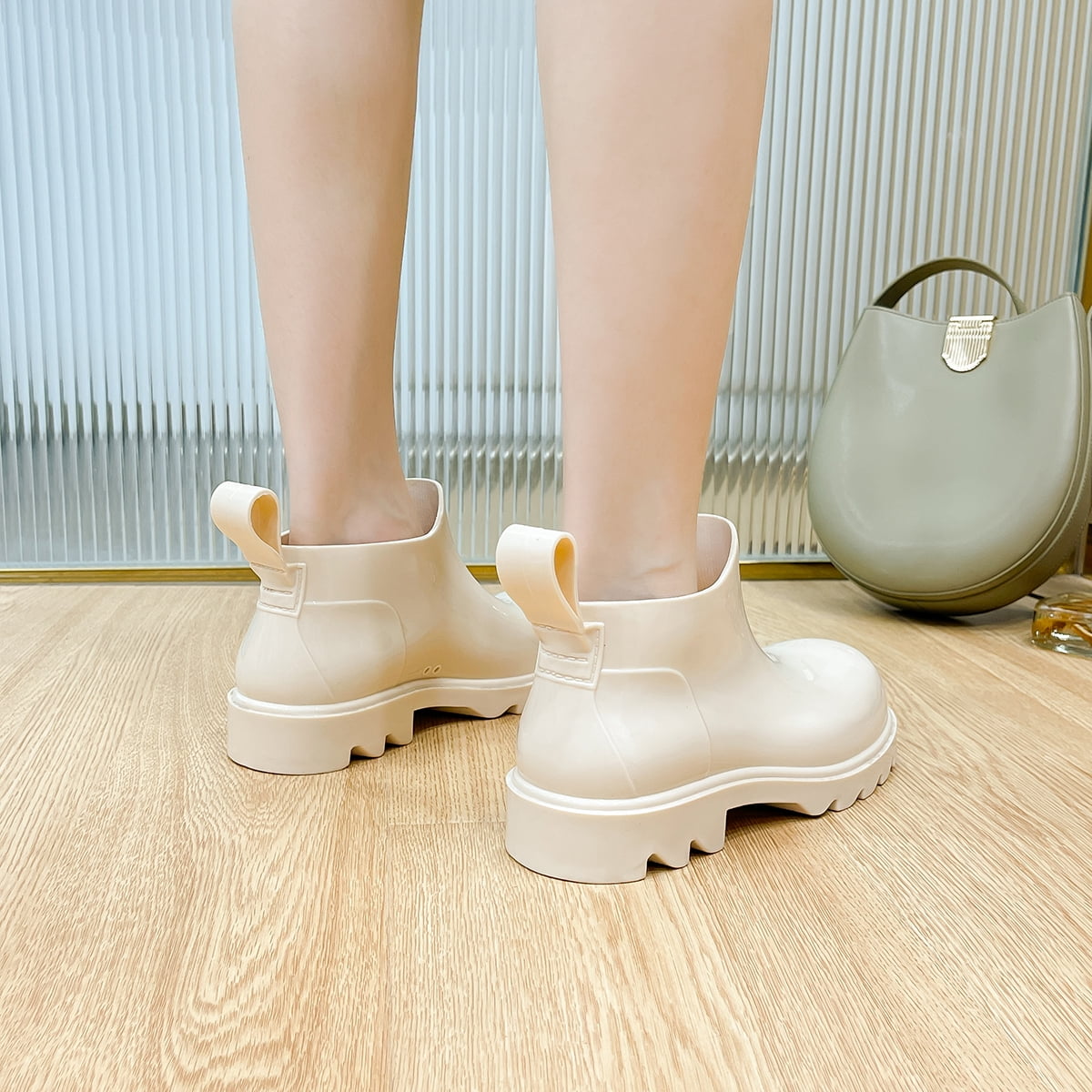 AUXDIQ Short Rain Boots Women Waterproof Ankle Garden Shoess Rubber Chelsea Boots, Beige, 7 US