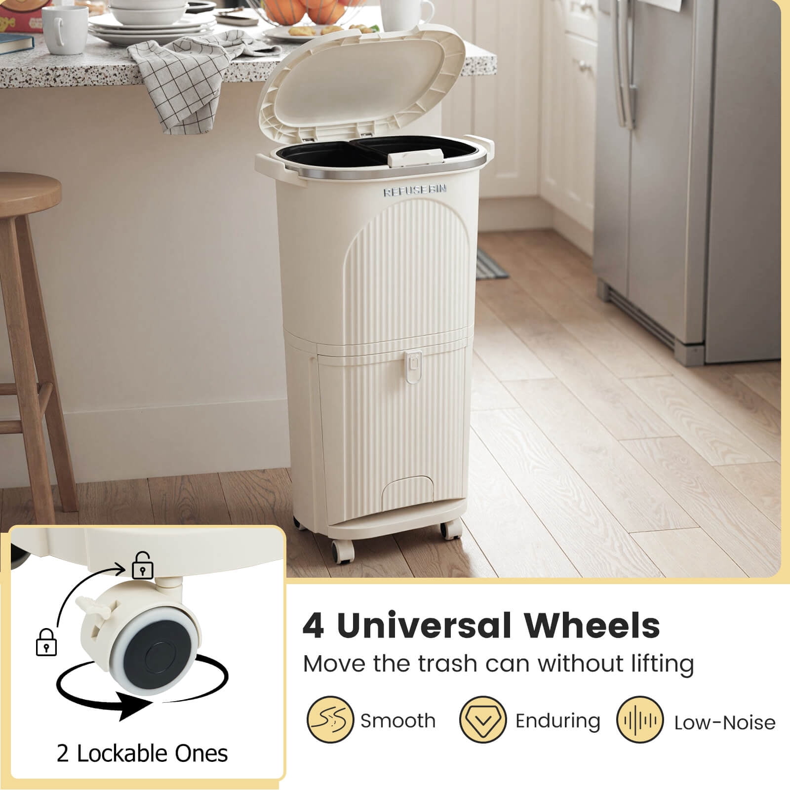Costway 10 Gallon Kitchen Trash Can with Lid, 2 Removable Buckets, Step Pedal & Wheels