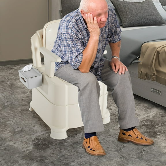 Portable Bedside Commode, Sensor Light with PIR Function, 440.92 lbs Capacity, Non-Slip Feet, Double Lid for Odor Control, Easy Installation, Quiet Use, Removable Armrests for Support