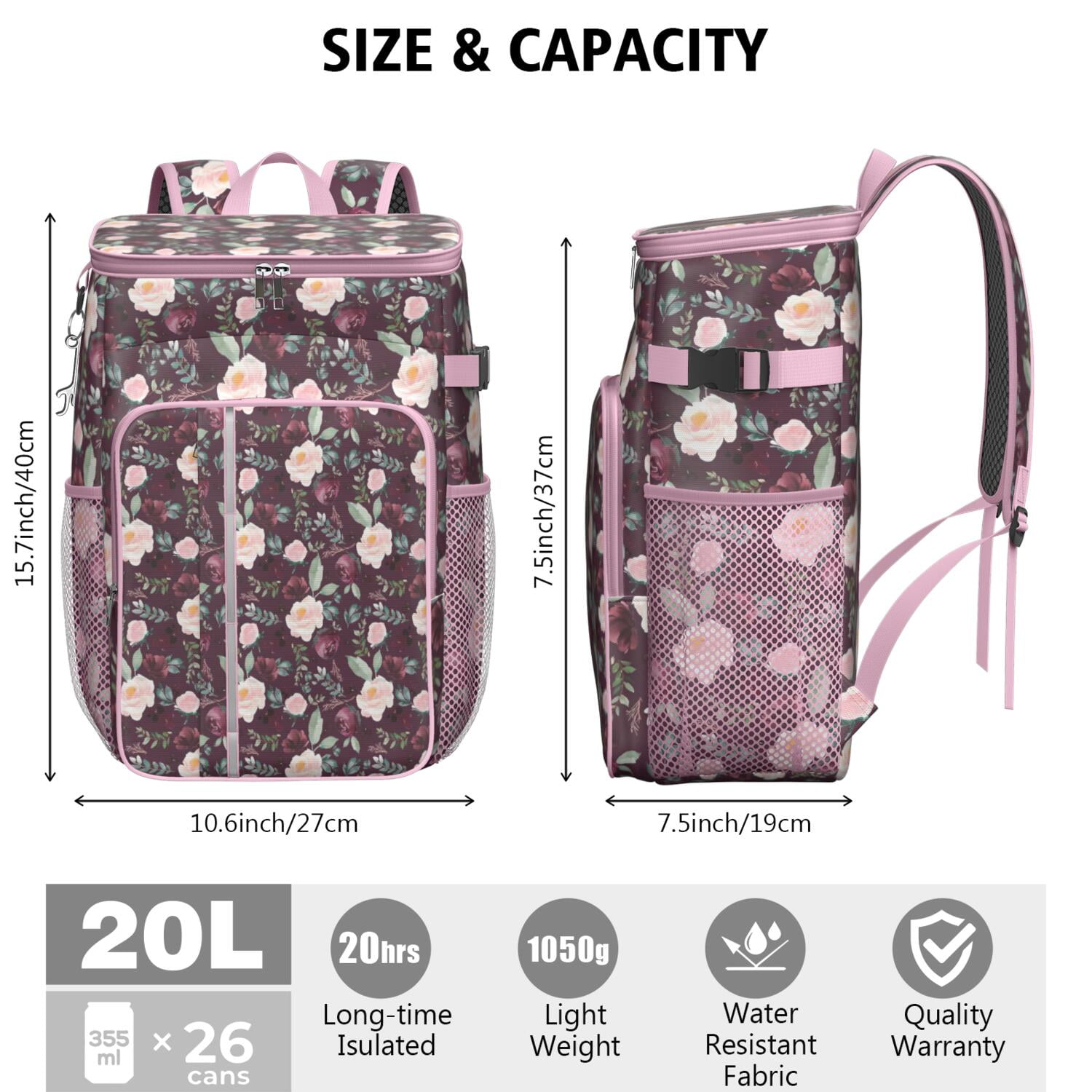 Travel Cooler Bag - Pioneer Flower Floral Print Pattern Camping Beer Cooler Backpack with Bottle Opener- Waterproof Insulated Picnic Backpacks - Cooler Bag for Beach