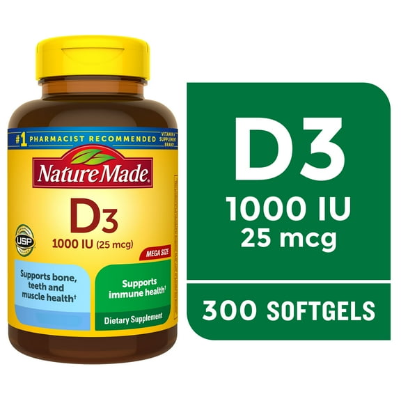 Nature Made Vitamin D3 1000 IU (25 mcg) Softgels, Vitamin D Supplement for Bone and Immune Health Support, 300 Count