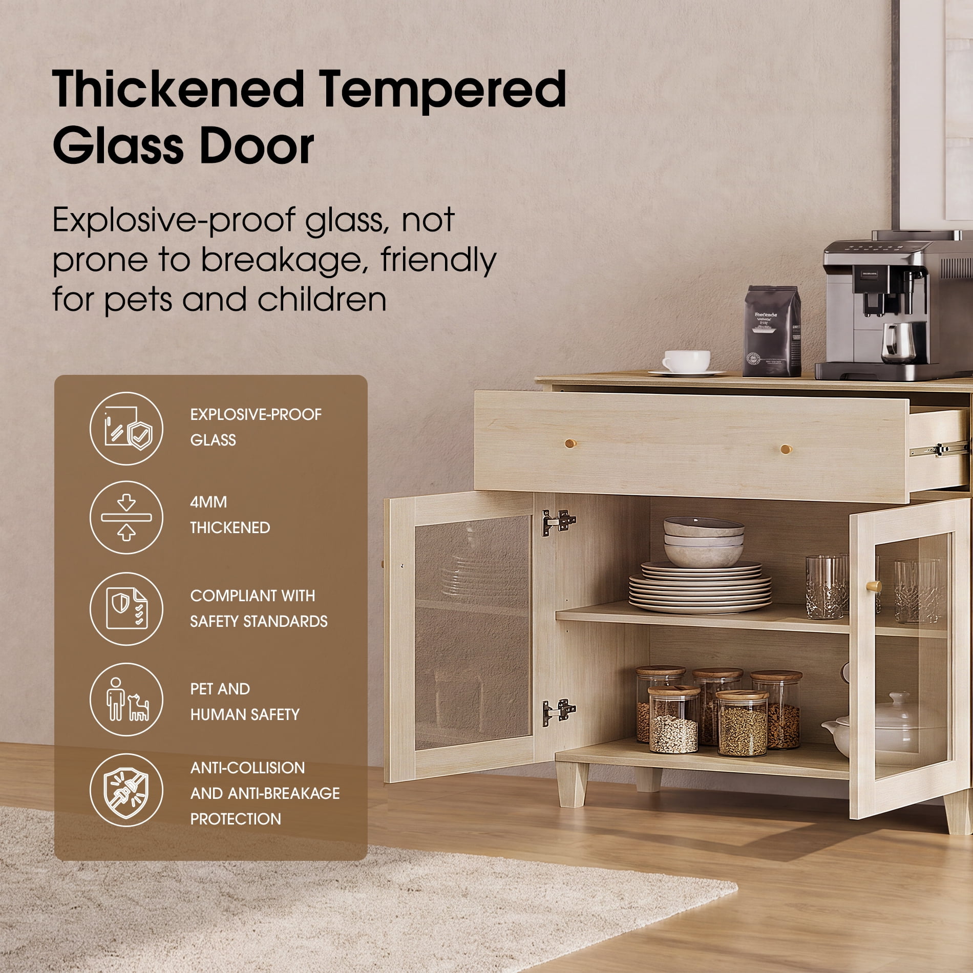 Large Bedroom Nightstand with Glass Doors, Tall Bedside Table with Drawer, Shelf and Cable Management, White Oak