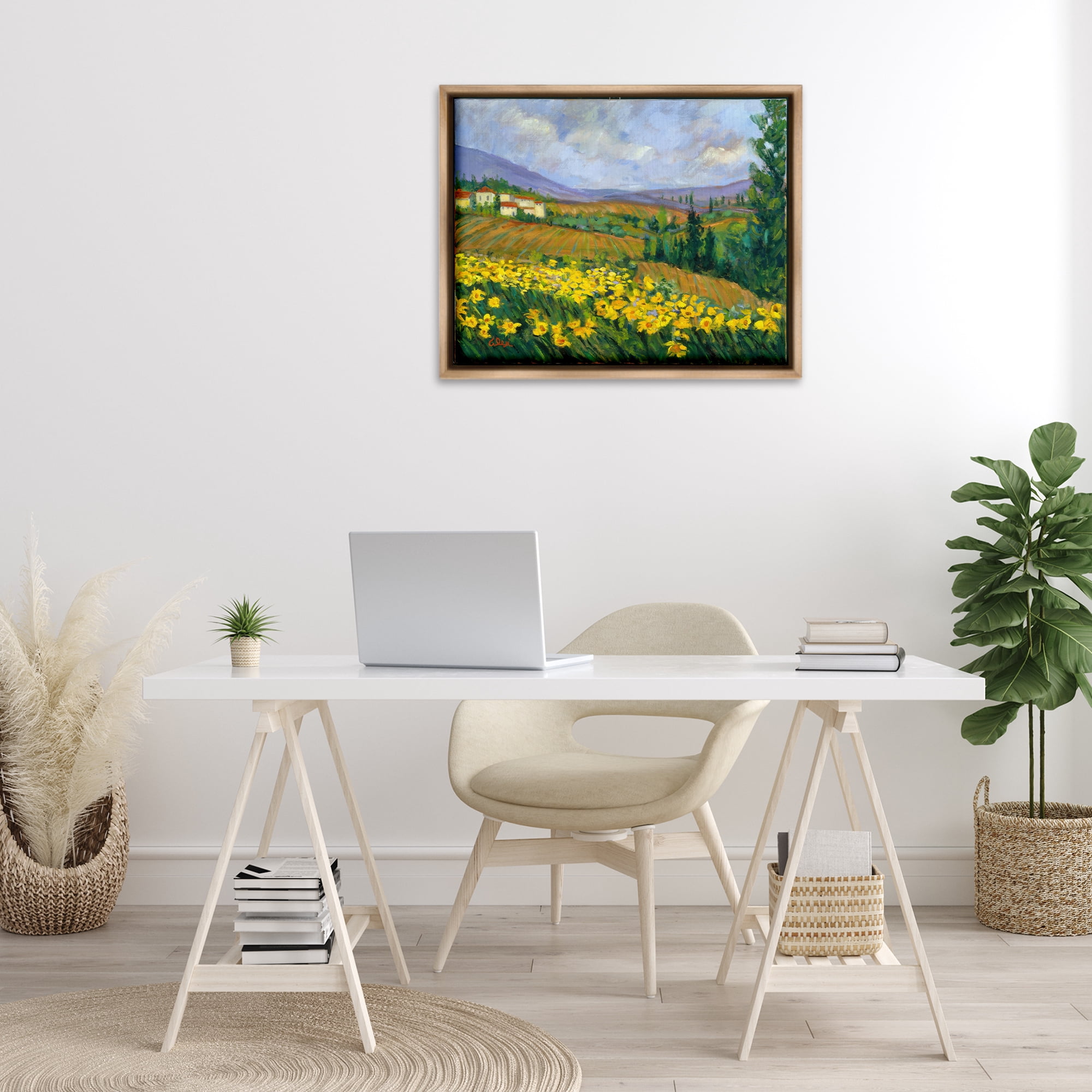 Stupell Industries Daffodil Field by Farm Landscape & Nature Painting Brown Floater Framed Canvas Art Print Wall Art, 31 x 25