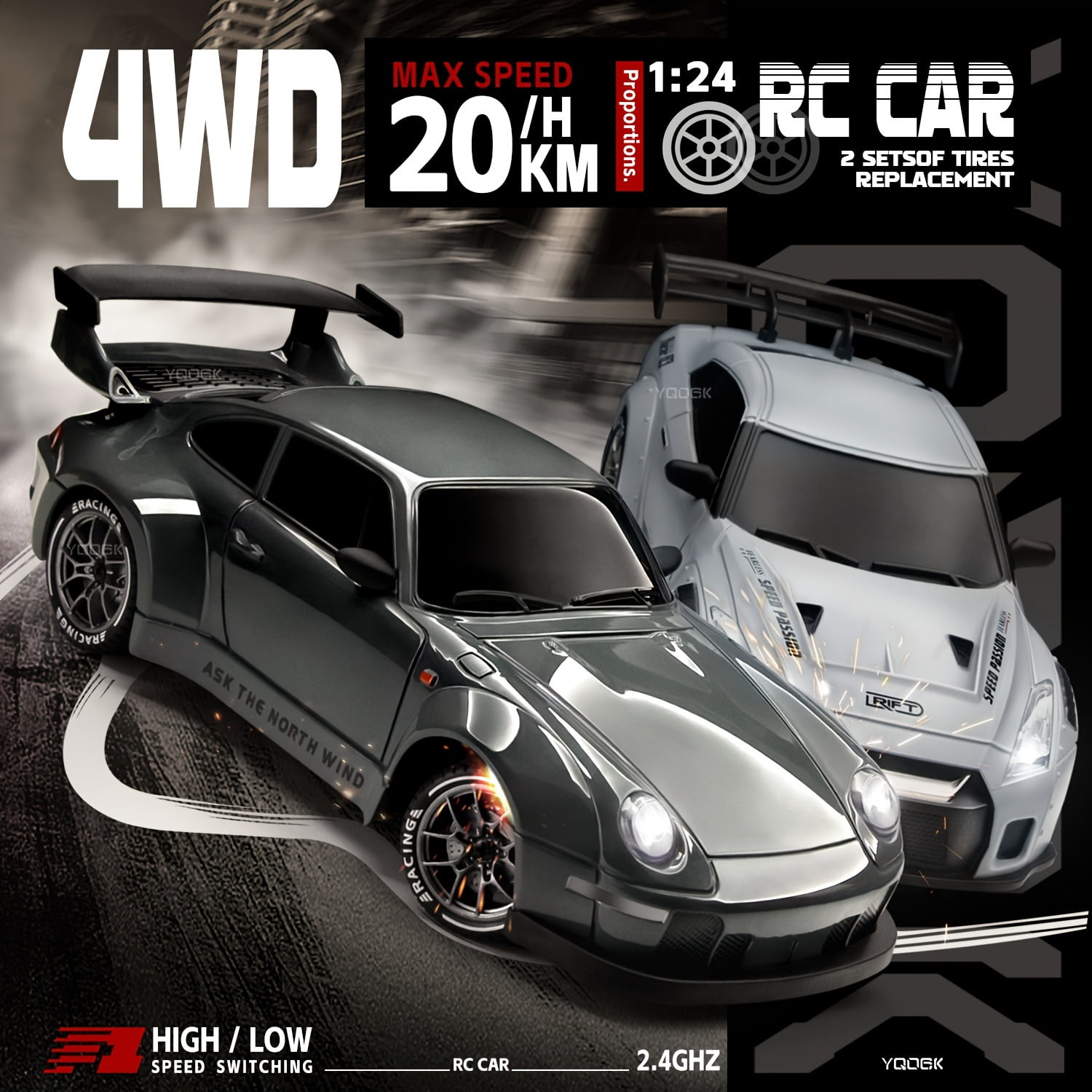 TXT-MATRIX 1:24 Scale 4WD RC Drift Car with Remote, Lights, Tires and Tracks, Dual Batteries