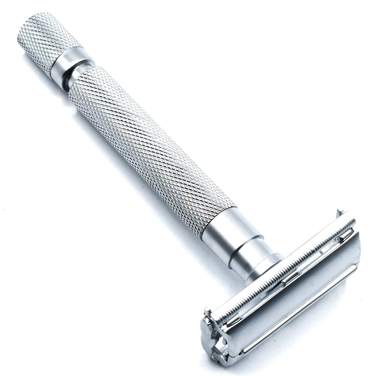 Parker Safety Razor 74R Butterfly Twist-to-Open Double Edge Safety Razor with 5 Parker Platinum Blades (Satin Chrome)