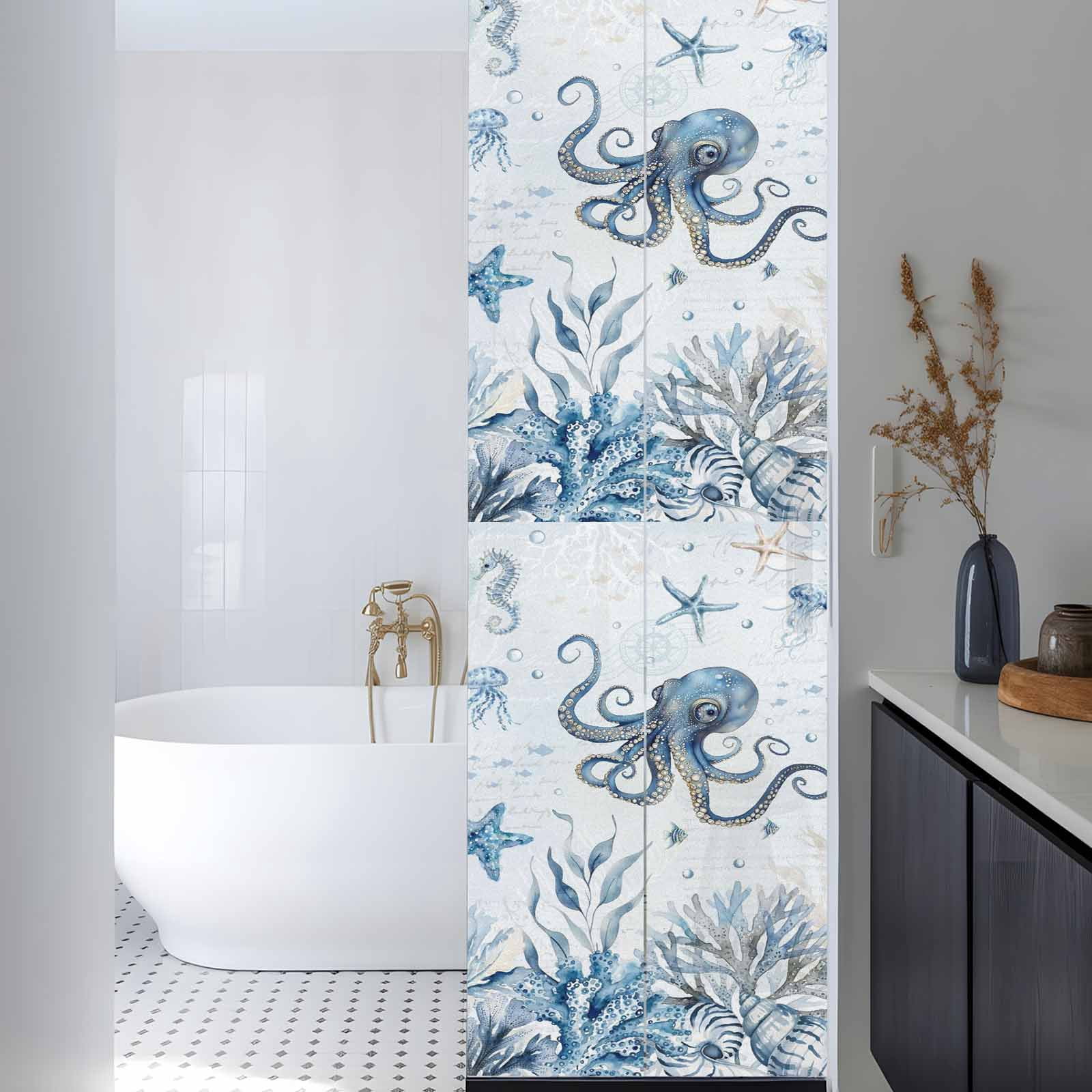 Blue Marine Life Window Privacy Film, Ocean Octopus Coral Sea Star Seashell Jellyfish Coastal Frosted Glass Window Clings Static Cling UV Heat Blocking Reusable Sticker for Bedroom 17.7x78.7 Inch