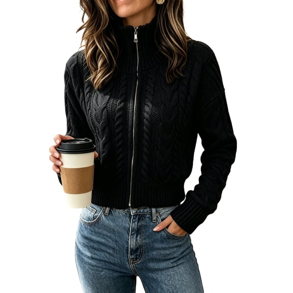 Women's Cropped Zip Up Sweater Stand Collar Long Sleeve Warm Cardigan