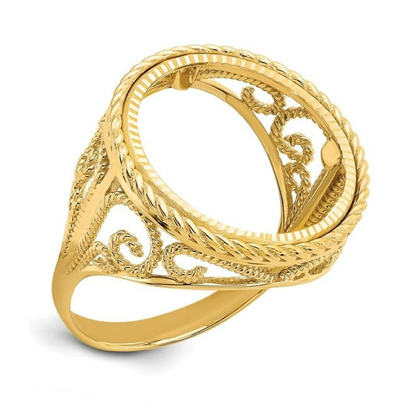 Quality Gold CR11D-10AE 14K Yellow Gold Twisted Wire Scroll Design Diamond-Cut 16.5 mm Prong Coin Bezel Ring Unassemble - Size 7
