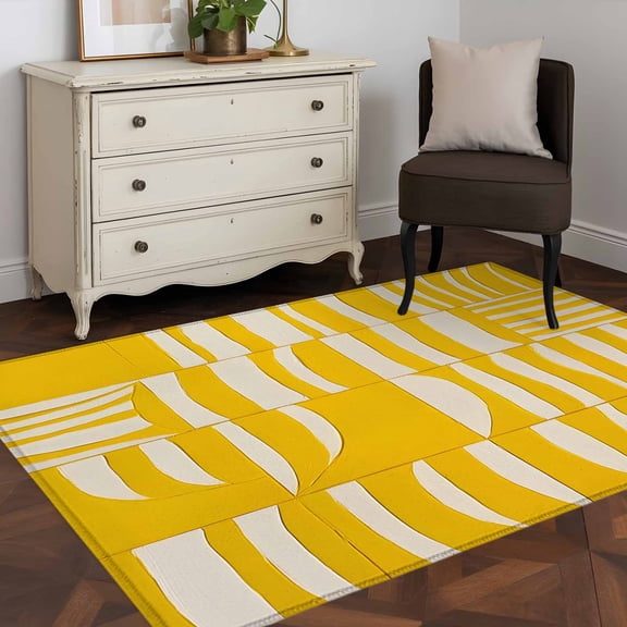 3'x5' Area Rugs, Yellow Geometric Indoor Outdoor Area Rug for Living Room Bedroom, Modern Abstract Minimalist Stripe Washable Bathroom Rugs Kitchen Floor Carpet Mats Home Decor Aesthetic