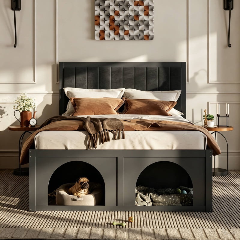 Queen Size Pet-Friendly Platform Bed with Under-Bed Pet Nooks, Heavy Duty Wooden Storage Bed Frame with Padded Headboard