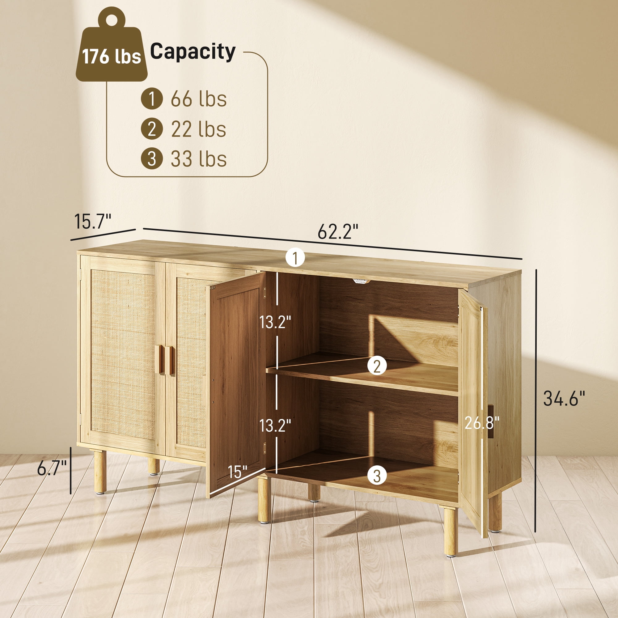 HOQBN 62.2" Bohemian Sideboard, Buffet Cabinet with 4 Rattan Doors and Shelves for Living Room, Hallway, Natural