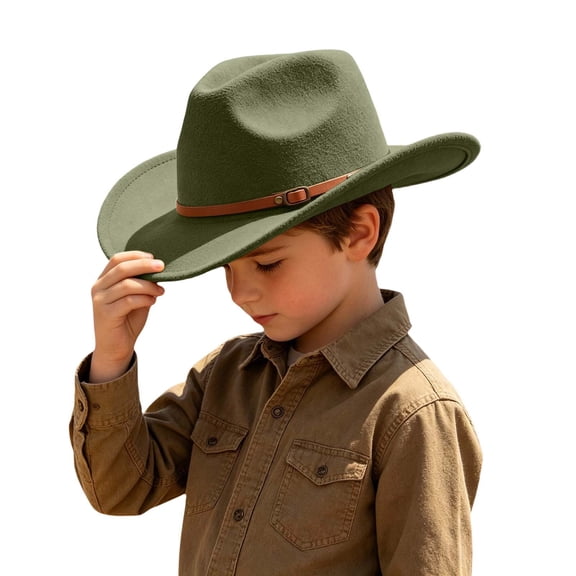 OOOUM Kids Felt Cowboy Hat Leather Band Textured Classic Western Fedora Hat Boys Girls Casual Outdoor Cowgirl Hat One Size
