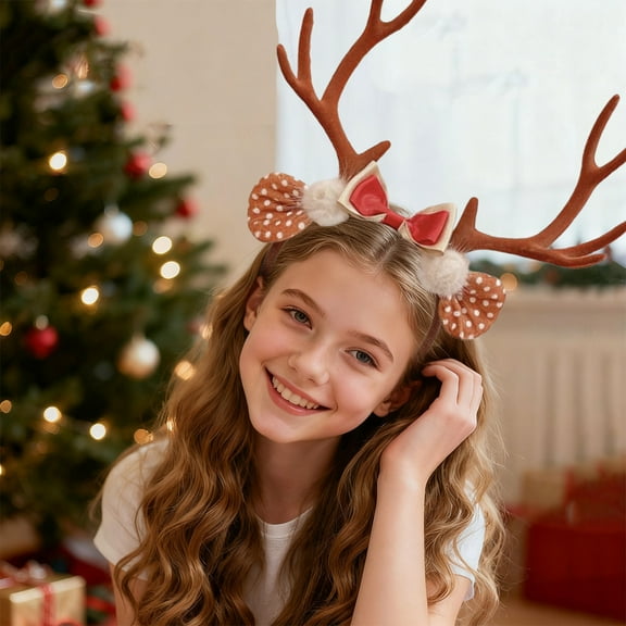 Gumesh Christmas Reindeer Antler Headband with Oversized Bow, Cute Festival Hair Band for Women, Christmas Party Photo Props for Kids & Adults