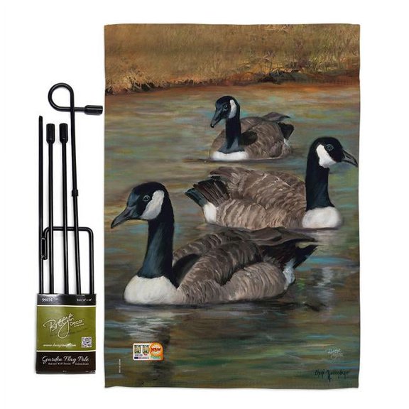 Breeze Decor BD-BI-GS-105049-IP-BO-D-US16-SB 13 x 18.5 in. Geese Garden Friends Birds Impressions Decorative Vertical Double Sided Flag Set with Banner Pole