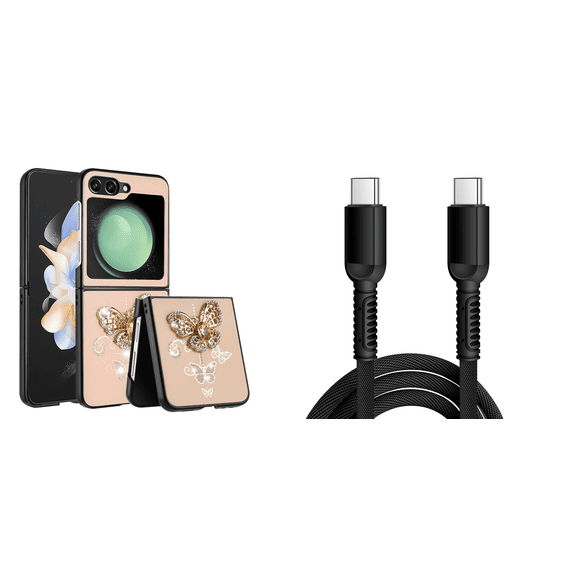 BEMZ Butterfly Diamond Gem Case for Galaxy Z Flip 5 Bundle with 30W USB-C to USB-C Charging Sync USB Cable - 6 Foot - Rose Gold Pink