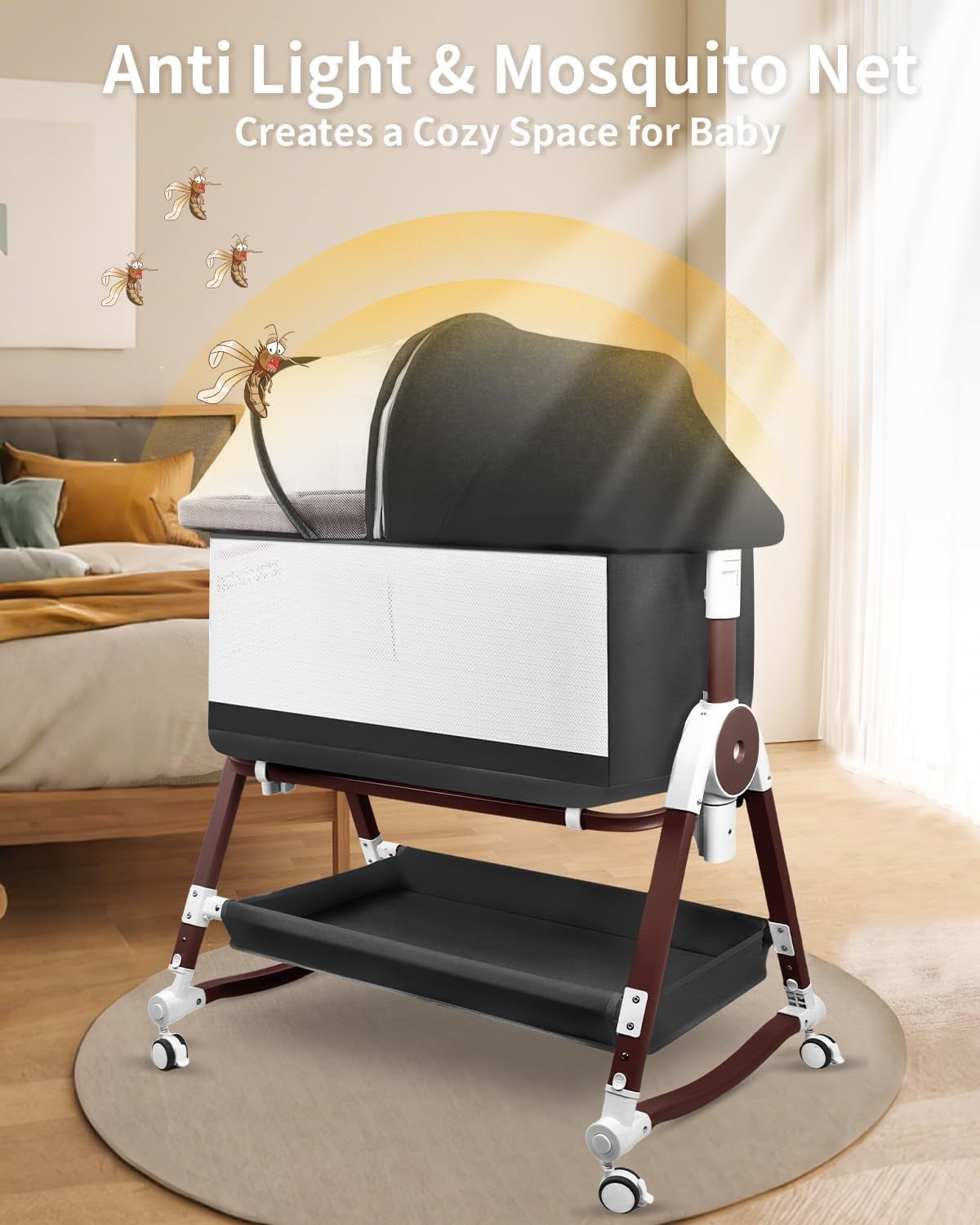 4 in 1 Baby Bassinet Bedside Sleeper W/ Wheels,Storage Basket,Adjustable 7 Heights,Mosquito Net,Matress,Breathable Mesh Crib for Infants Toddler,Black
