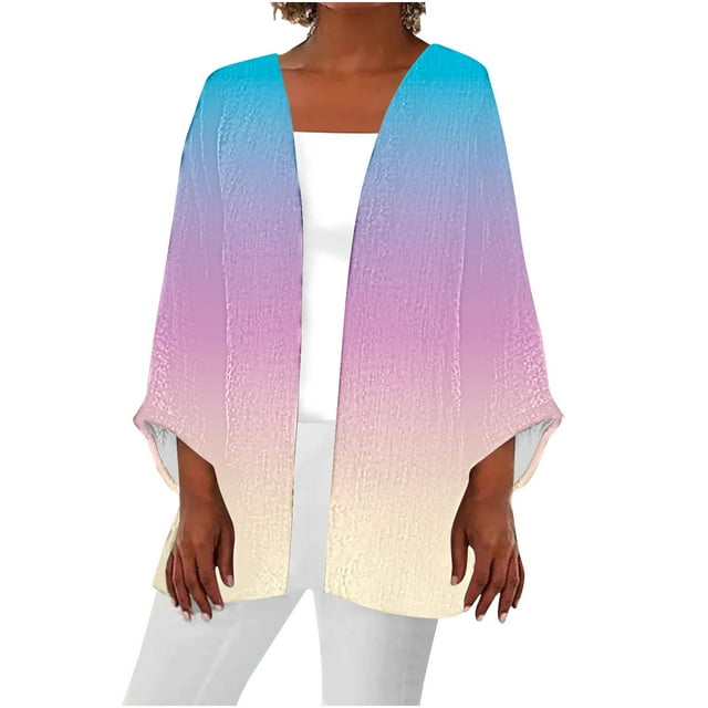 AherBiu Cardigan Léger pour Femmes Manches 3/4 en Lin Ouvert Automne Décontracté