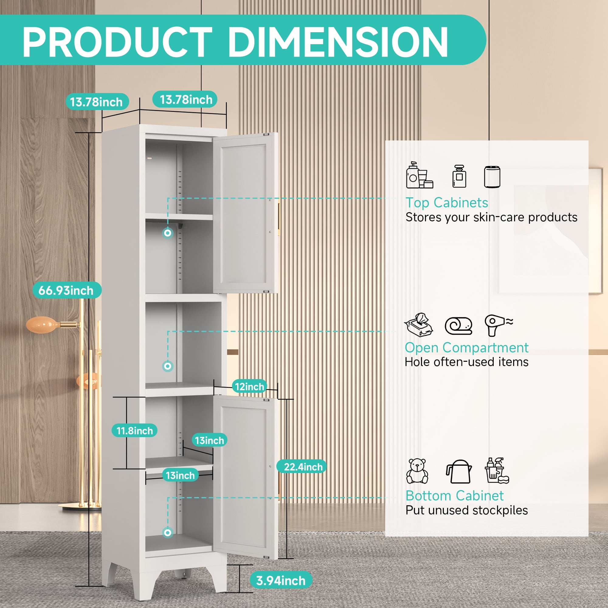 Modern Tall Slim Metal Cabinet with Adjustable Shelves & Doors, Open & Closed Storage, Adjustable Feet for Kitchen, Bathroom, Living Room, Apartment - Sturdy & Easy Assembly，White