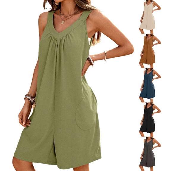 VBVC Women's V-Neck Sleeveless Romper,Wide Strap Short Jumpsuit For Women,Ladies Summer Breathable Beach Overalls with Pockets,Green,S-2XL