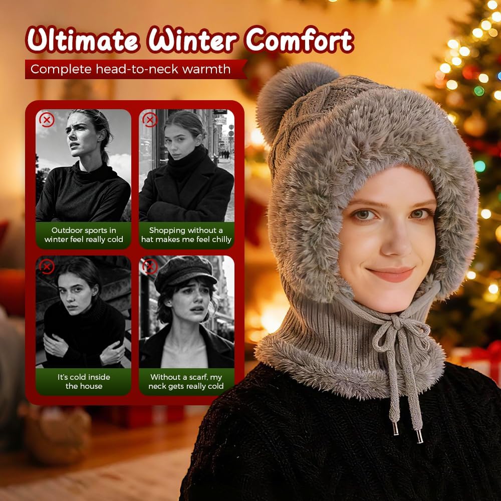 3 in 1 Beanie Hat with Scarf & Mask for Women, Windproof Fleece Thermal Neck Gaiter for Skiing Running Cycling