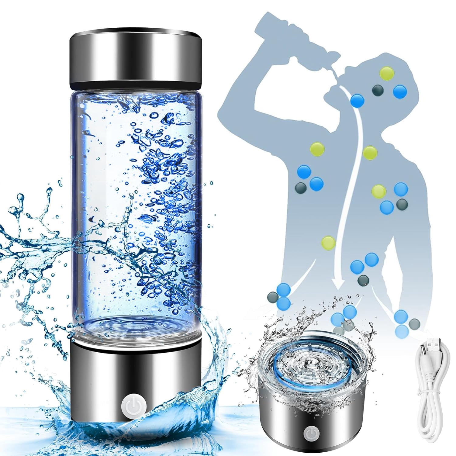 Hydrogen Water Bottle, Portable Hydrogen Water Bottle Generator, Ion Water Bottle Improve Water Quality in 3 Minutes, Water Ionizer Machine Suitable for Home, Office, Travel and Daily Drinking(Silver)