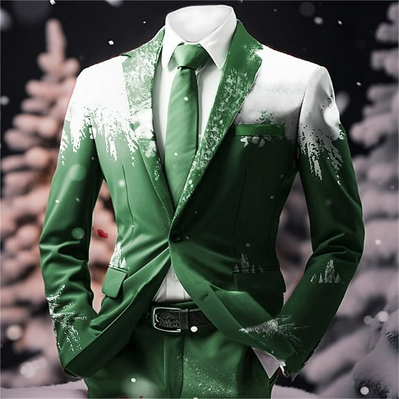FAOWME Men's Christmas Suit Jacket Long Sleeved Lapel Buttons Xmas Printed Fashion Comfortable Coats Tops For Holiday Daily Wear Dark Green L