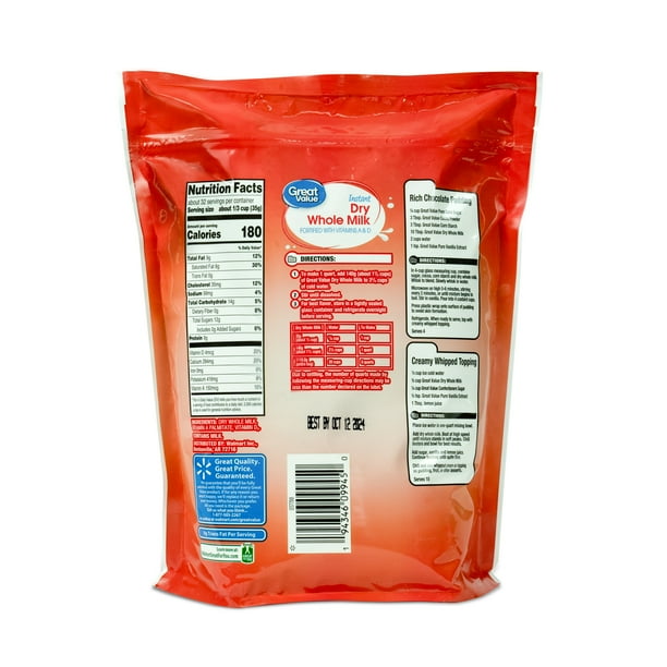 Great Value Instant Dry Whole Milk, 39.5 oz Bag, Makes 8 Quarts, 32 Servings per Container