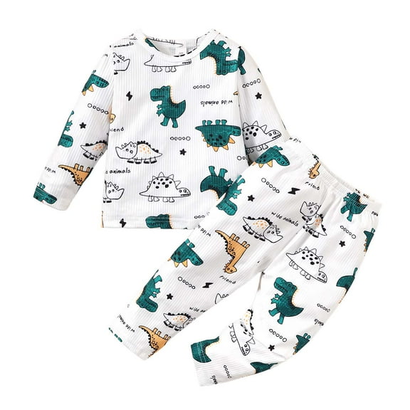 KIMI BEAR Toddler Boys Outfits 2T Infant Boy Fall Winter Outfits 3T Infant Boy Cool Dino Prints Long Sleeve Sweatshirt Pants 2PCS Set White