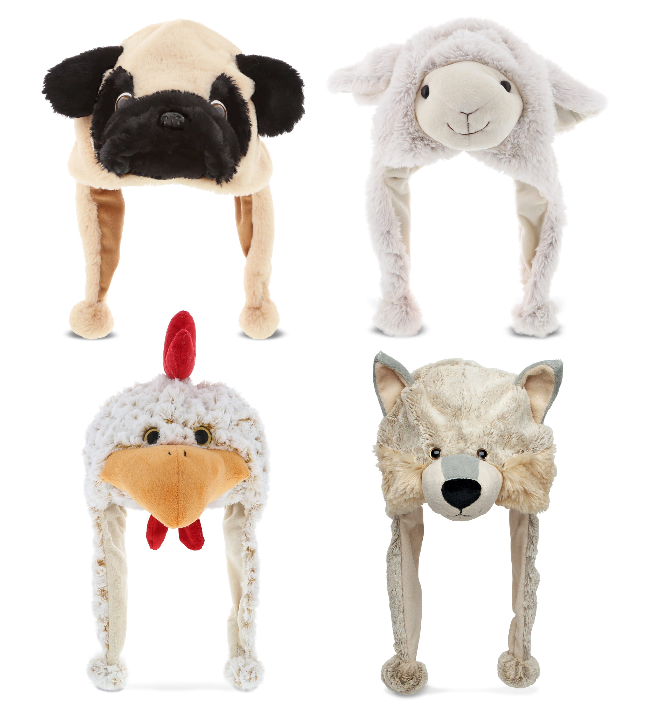 DolliBu Farm Plush Hats Set of 4 – Super Soft Wolf, Sheep, Pug Dog, Rooster  Warm Hat with Ear Flaps, Plush Party Crazy Hat, Stuffed Animal Halloween  Costume Toy Hats, Cozy Fleece