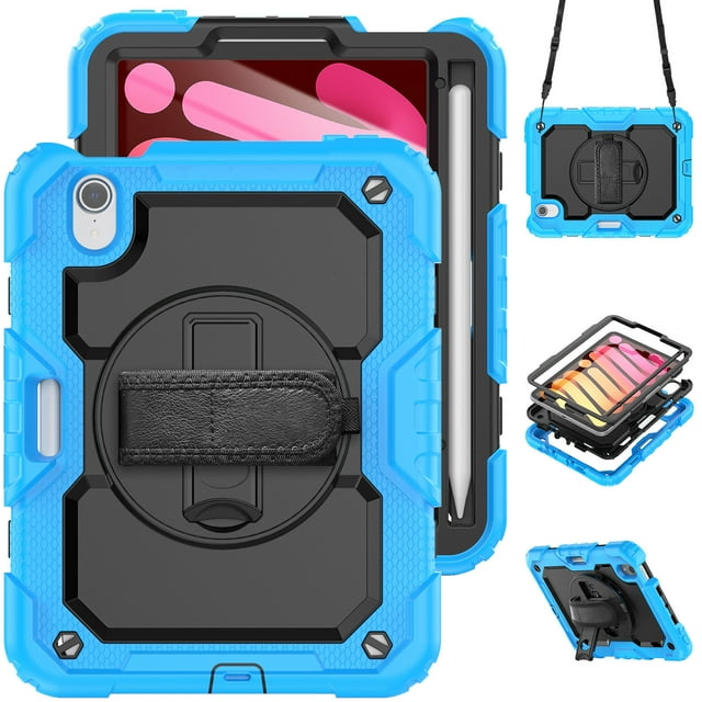 Case for iPad Mini 7 A17 Pro 2024/Mini 6 2021 8.3 Inch 7th/6th Gen with Screen Protector, 360 Degree Rotating Kickstand Hand Strap Shockproof Cover with Shoulder Strap, Sky Blue