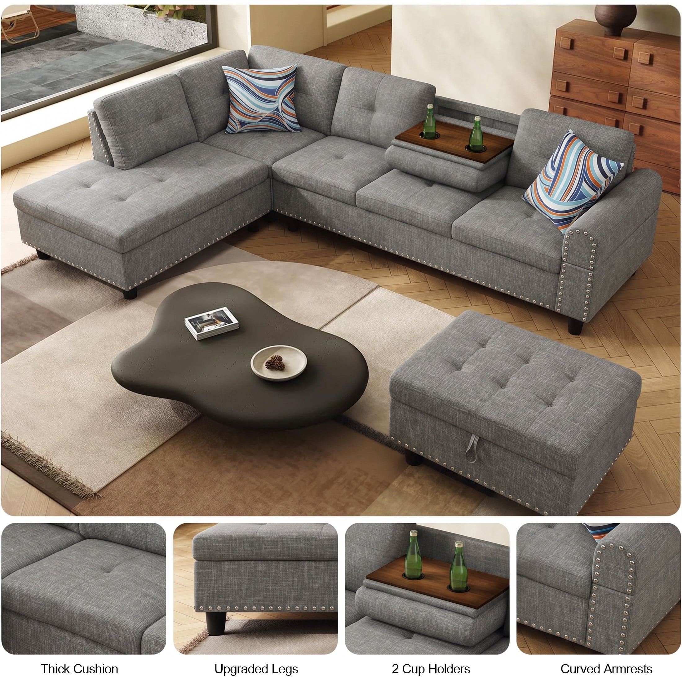 AENKYO 98" L-Shaped Sectional Sofa with Reversible Chaise, Storage Ottoman & Cup Holders, Linen, Gray
