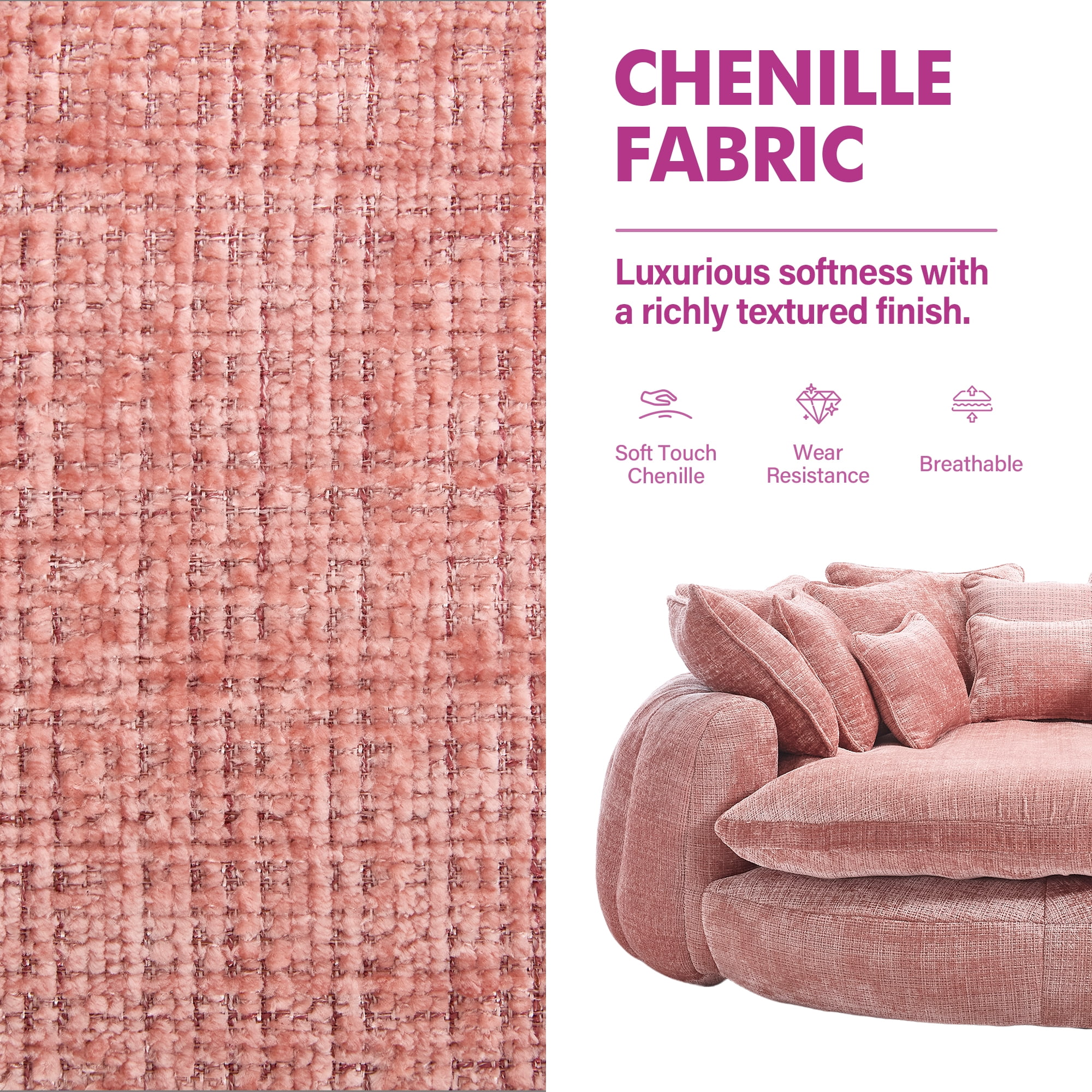 Aukfa 81" Oversized Round Chaise Lounge Sofa Bed, Modern Chenille Cloud Couch with Deep Seat, 14 Pillows, Assemble-Free, Pink
