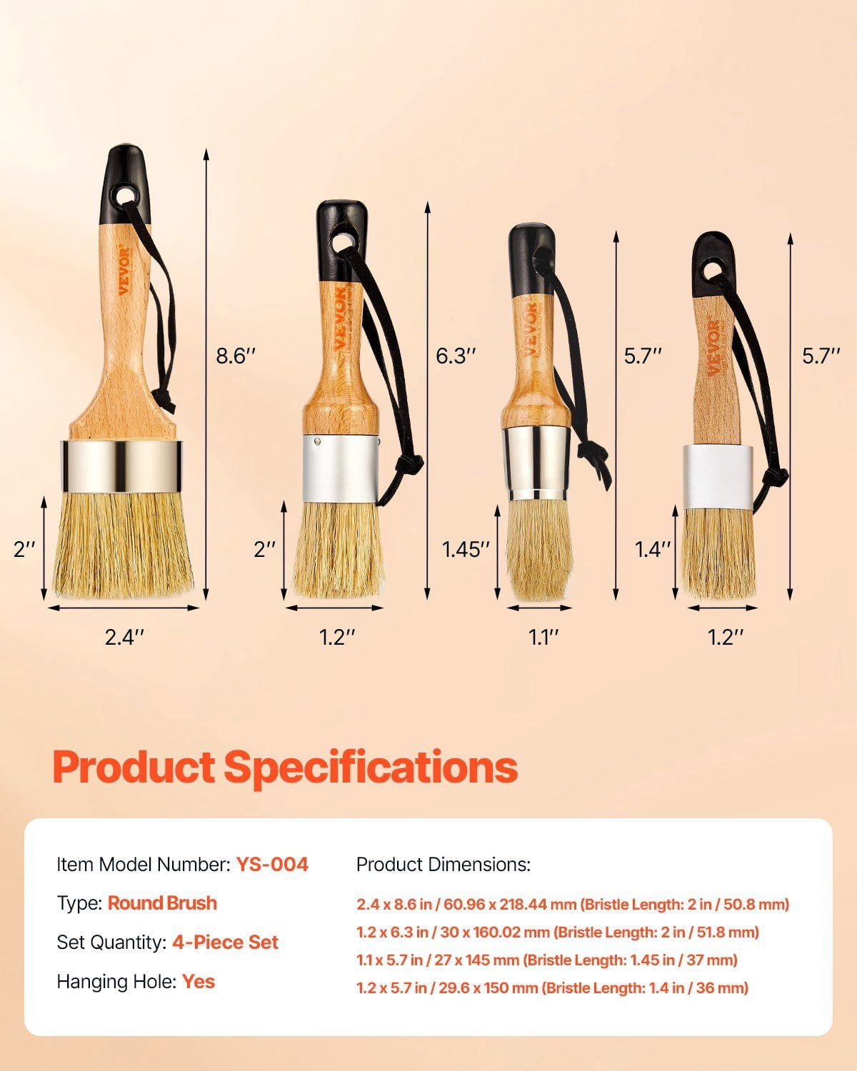 Chalk Wax Paint Brush Set 4PCS for Furniture Painting & Waxing, Natural Bristles with Wood Handle, Includes Round & Oval Brushes for Walls, Cabinets, Doors, Chalk & Wax Applications