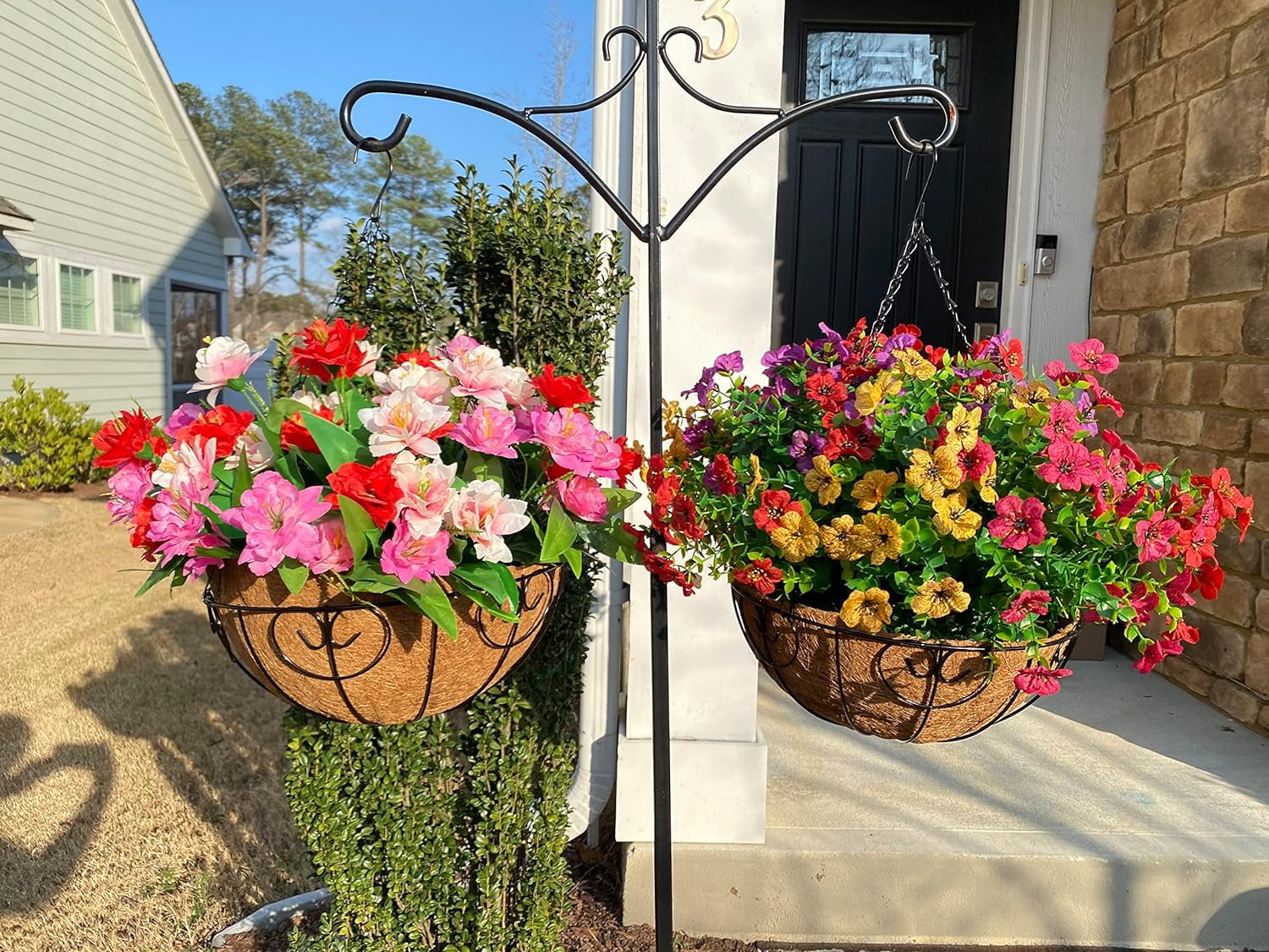 Artificial Faux Hanging Plants Flowers Basket for Summer Outdoor Outside Decoration, Fake Silk UV Sun Resistant Look Real Colorful Daisy Eucalyptus for Porch Home Patio Balcony Yard